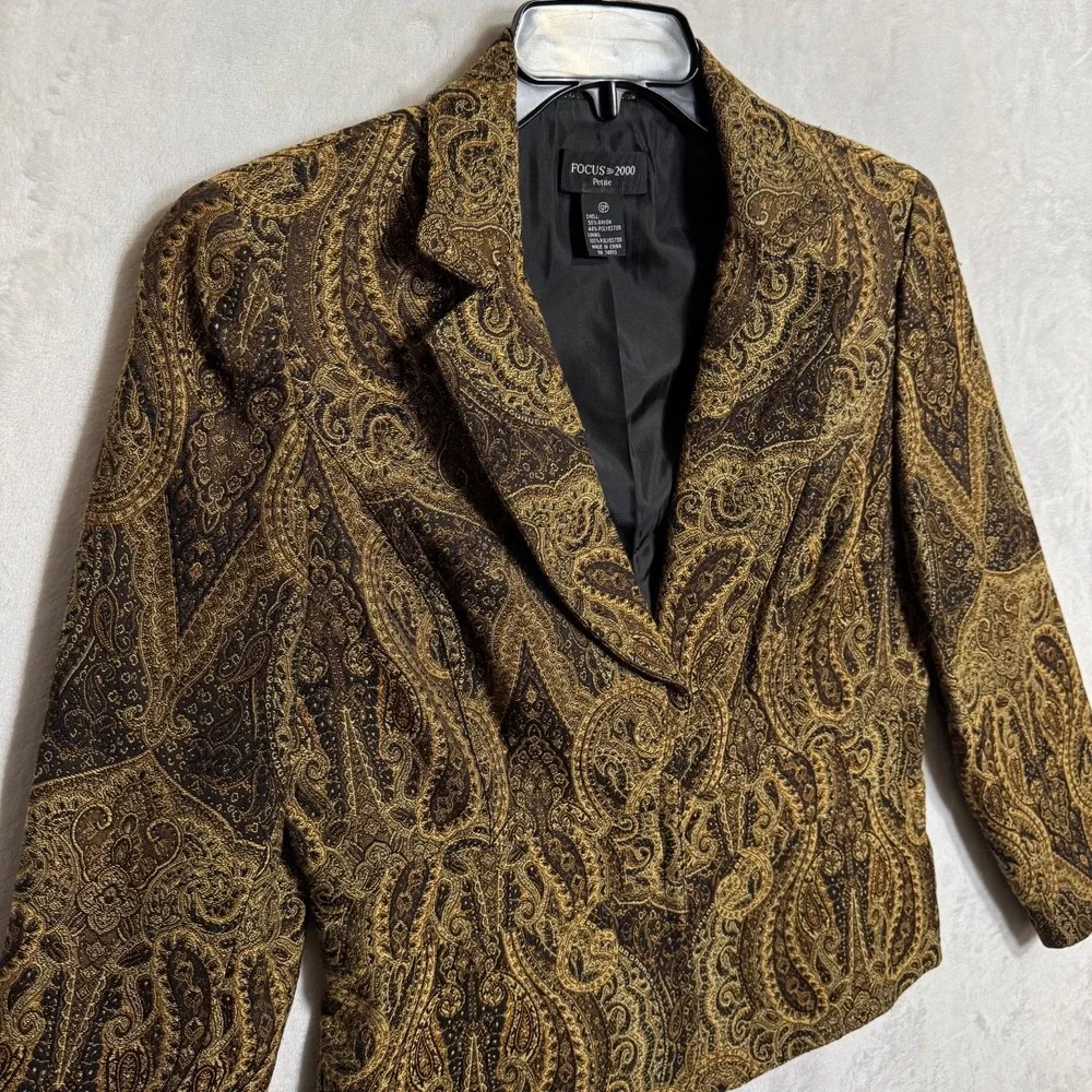 Vintage Paisley Tapestry Blazer Brown Gold Tailored Jacket 12 P Fits Sz Medium P